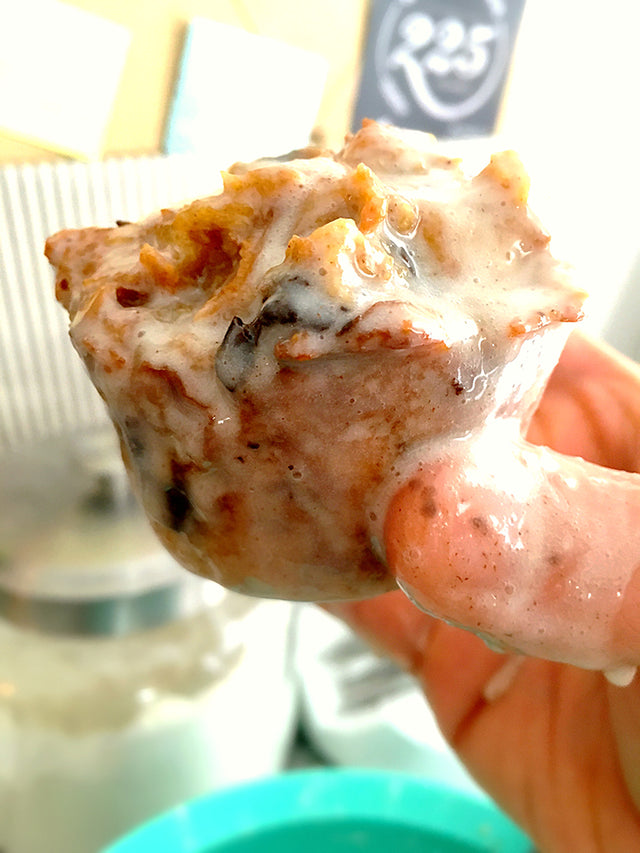 chocolate chunk bread pudding with a doughnut glaze